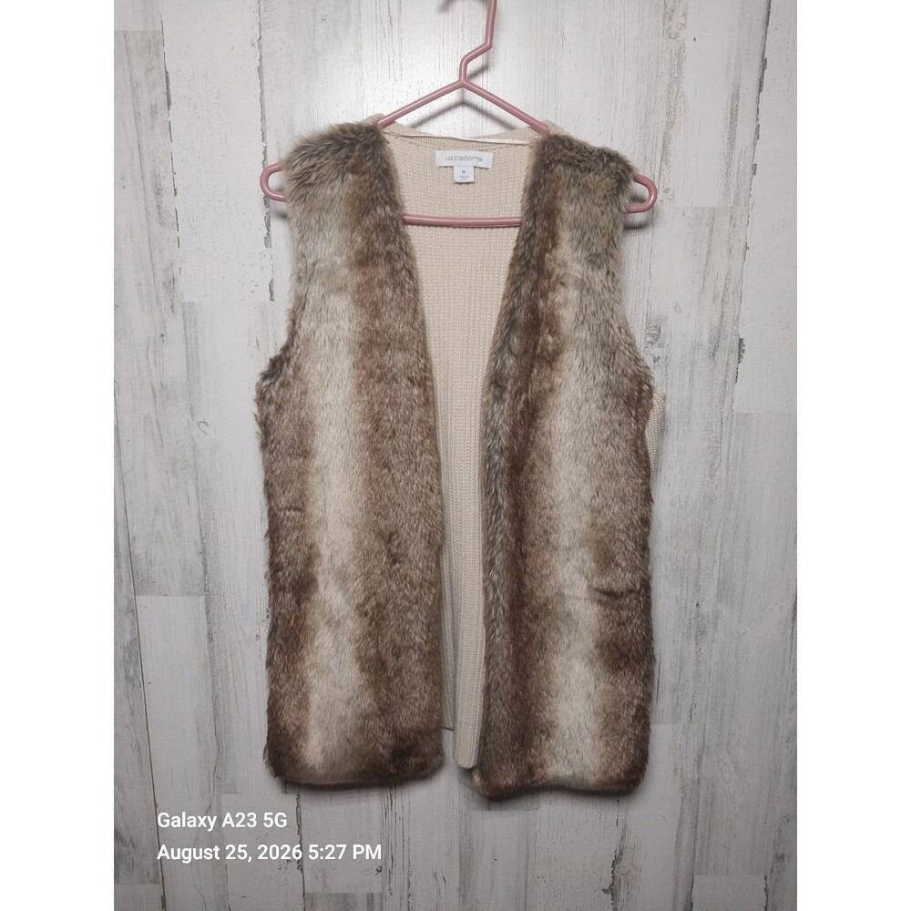 Liz Claiborne Vest Womens Sz M Beige Sweater Knit Vest Faux Fur Open Front Boho